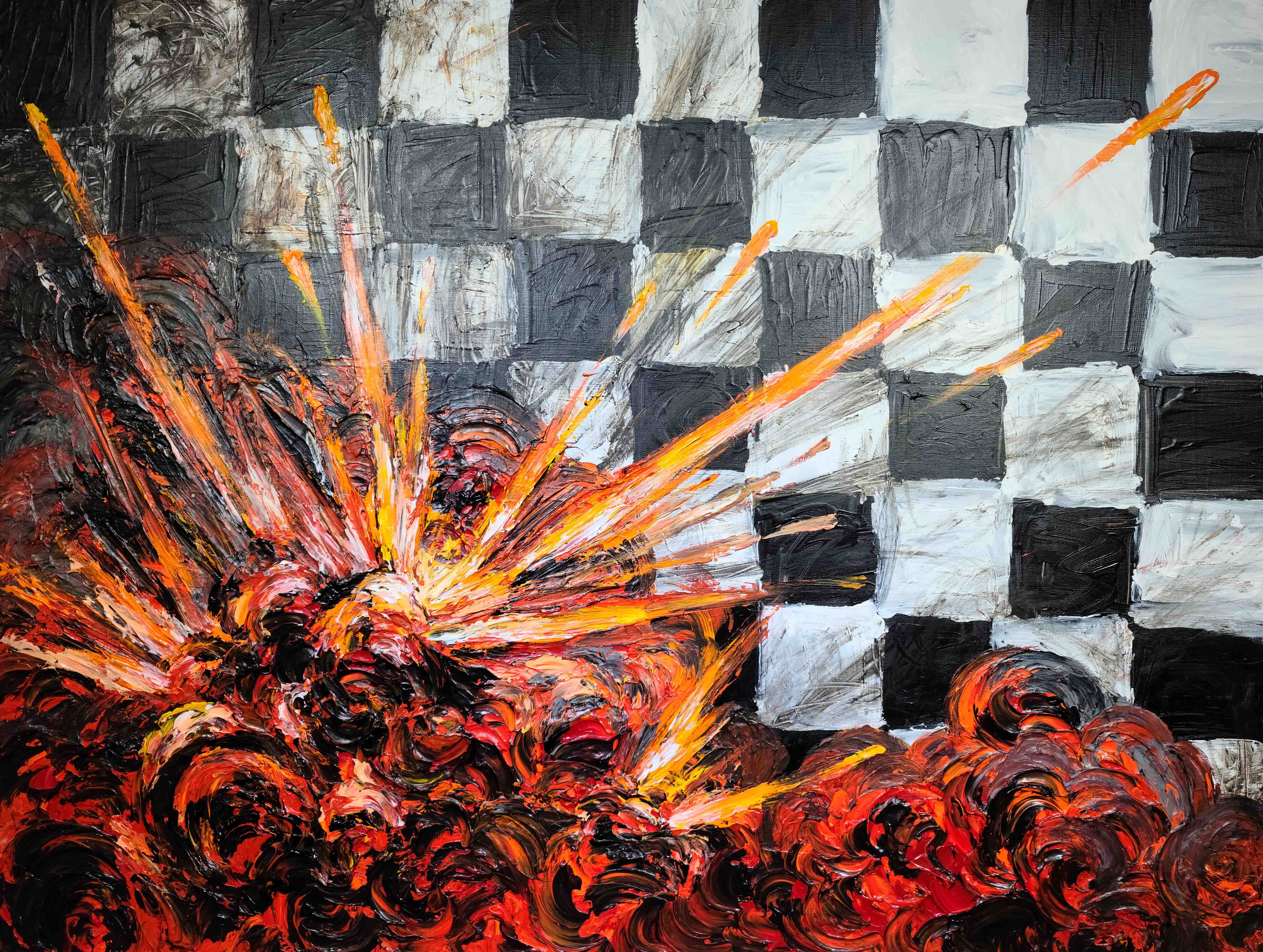21. Trial by Fire, 2021, Mixed media on canvas, 91 x 116 cm