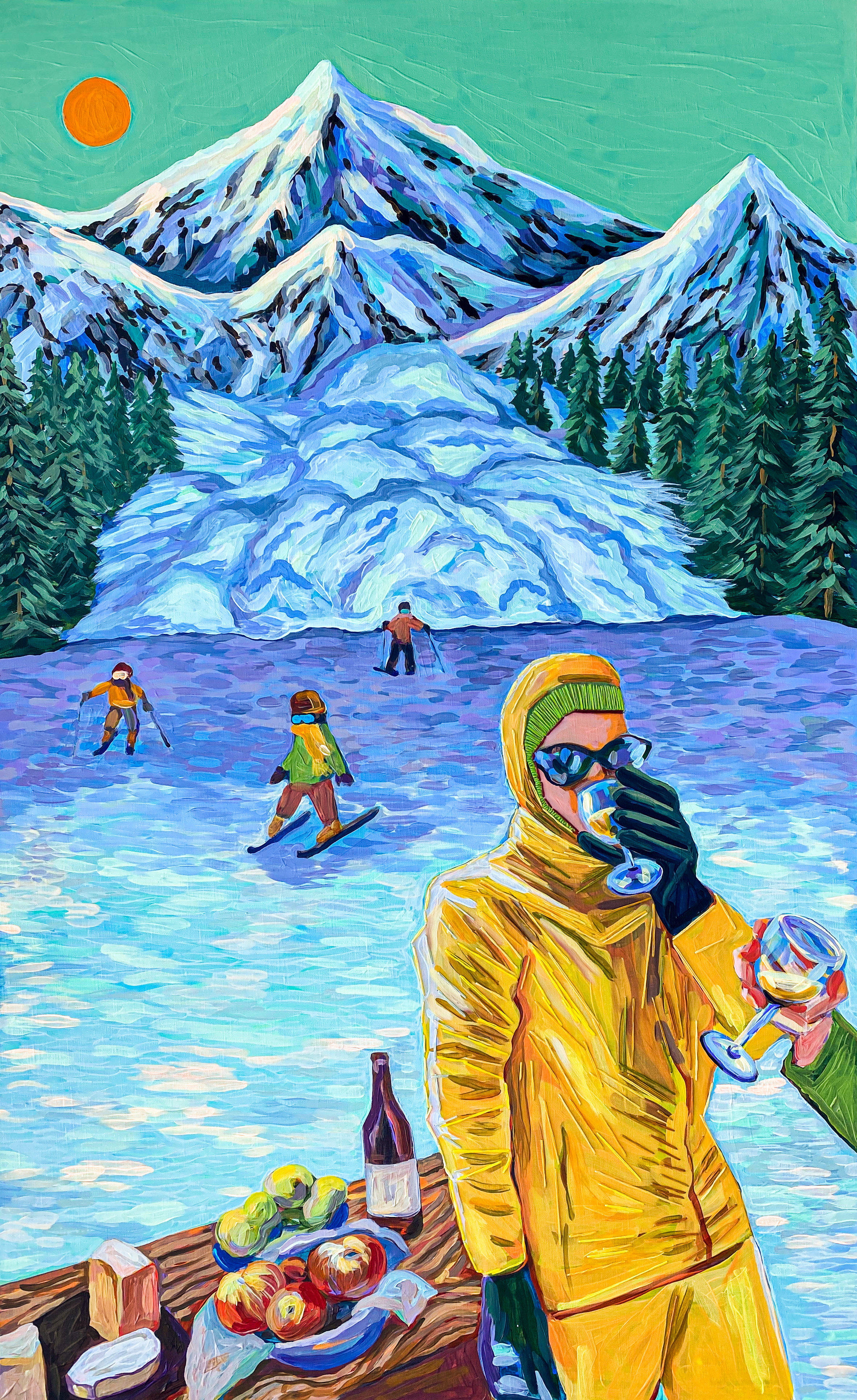 Avalanche on the Bunny Slopes, 2022, Acrylic and embroidery on linen, 130 x 80 cm