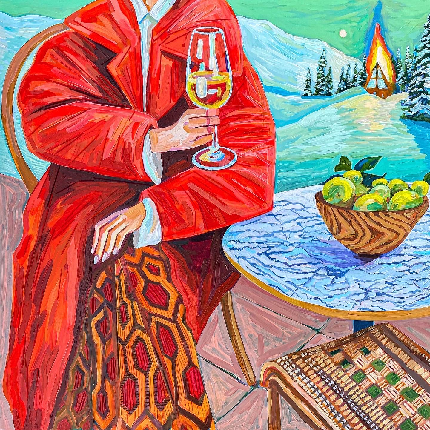 Shining, 2022, Acrylic and embroidery on linen, 91 x 91 cm