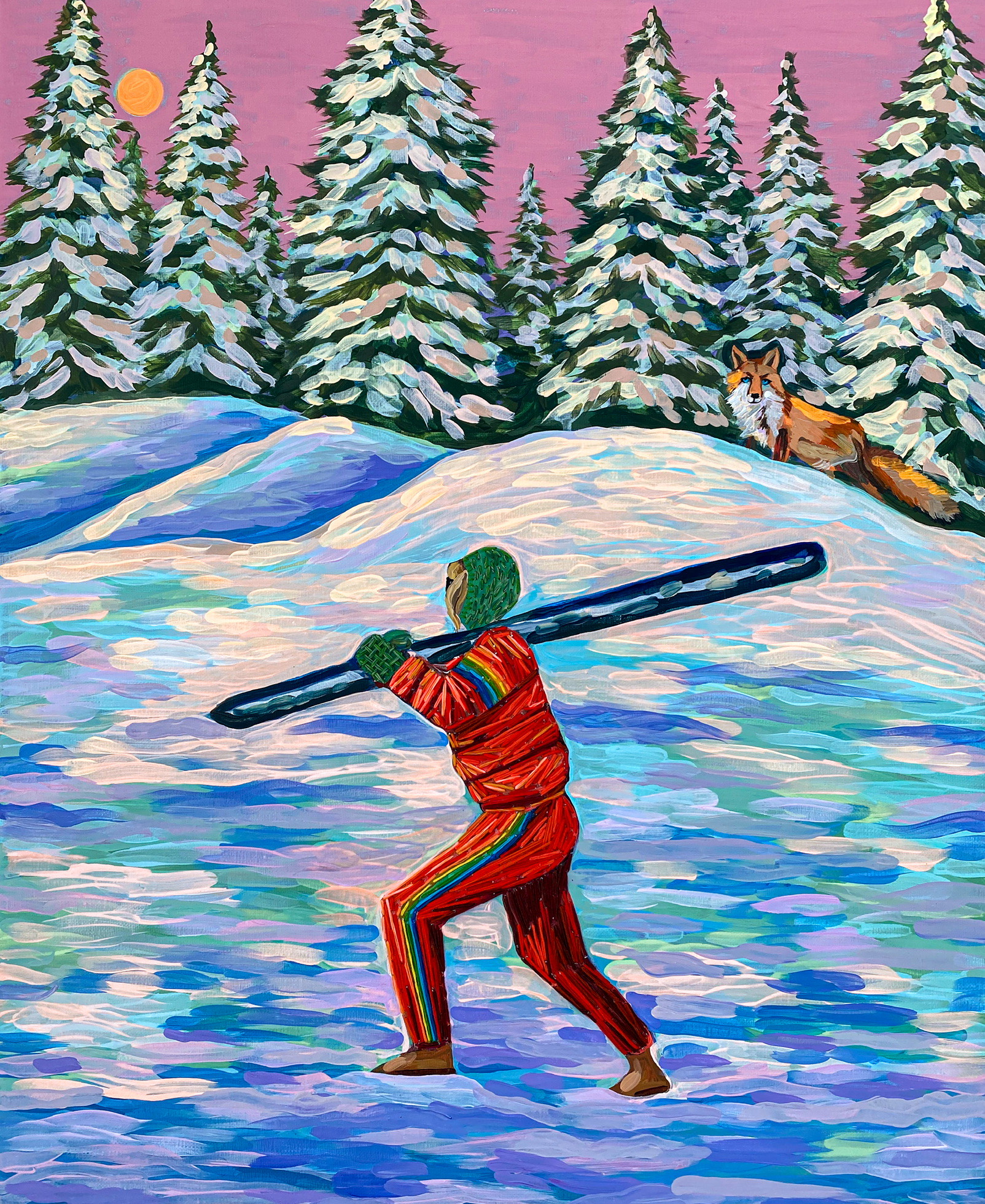 Skier & Fox, 2022, Acrylic and embroidery on linen, 65 x 54 cm