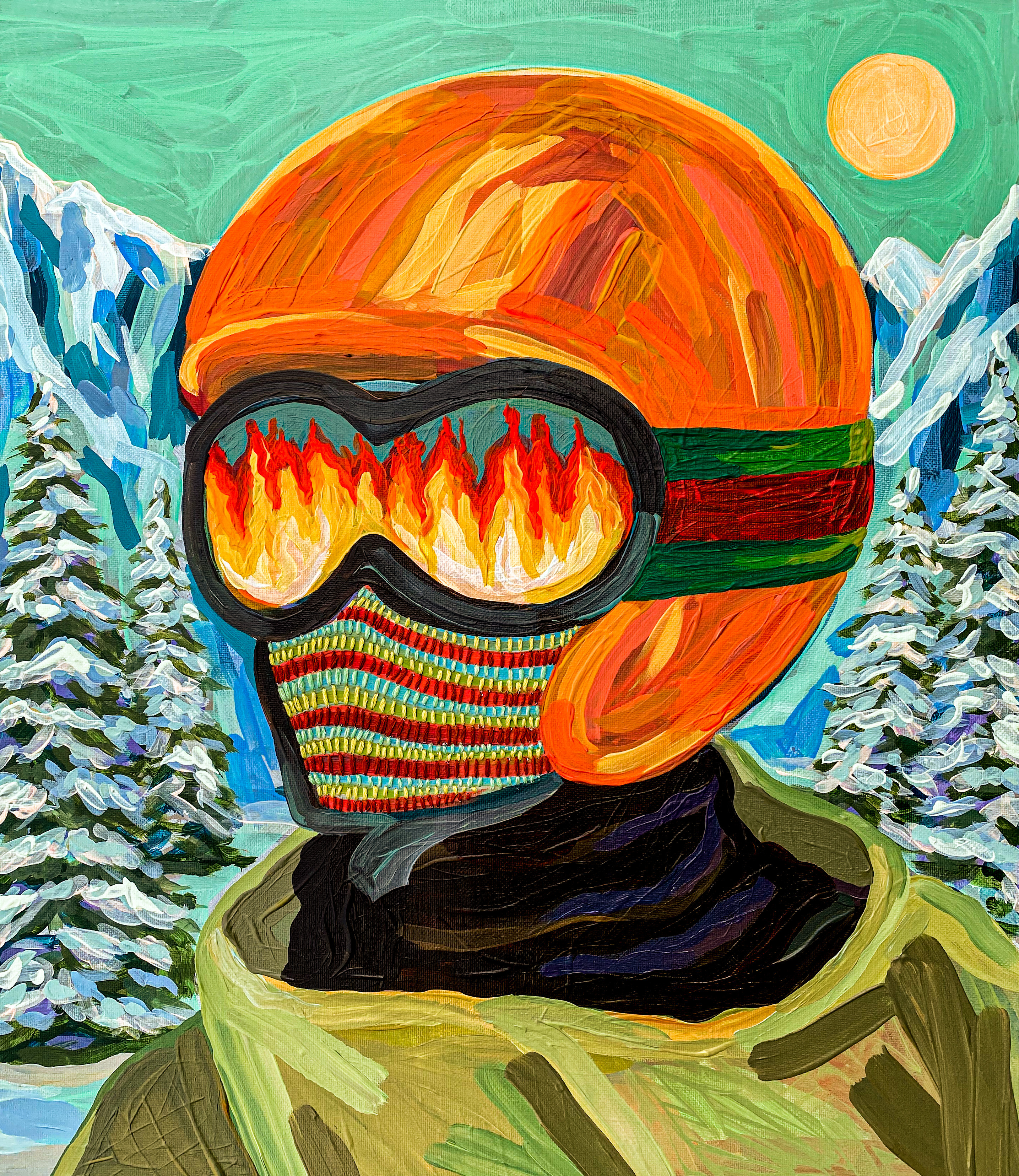 Fire on the Mountain, 2022, Acrylic and embroidery on linen, 53 x 45.5 cm