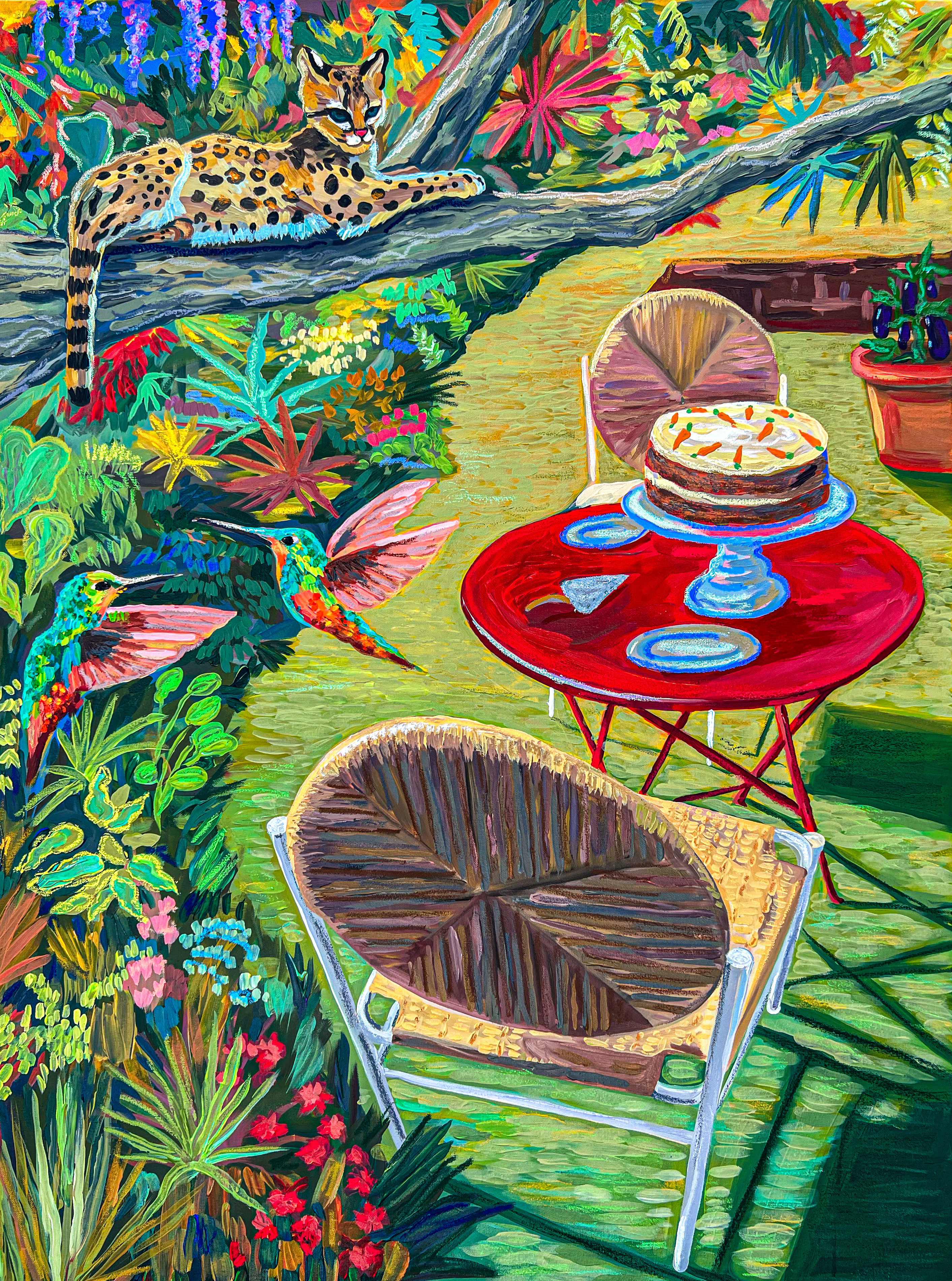 Carrot Cake in the Garden, 2023, Acrylic and oil pastel on canvas, 122 x 91 cm