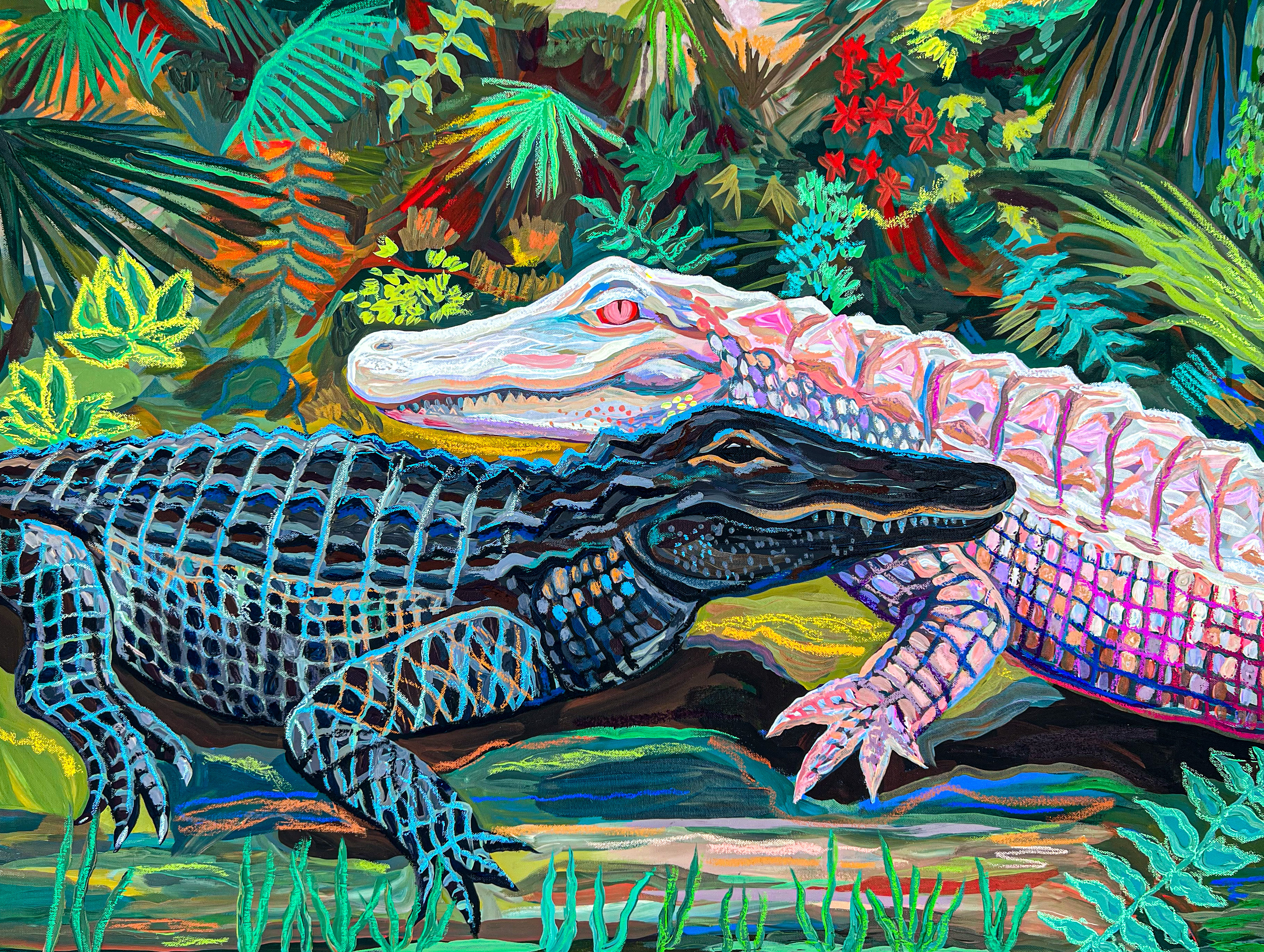 Two Alligators, 2023, Acrylic and oil pastel on canvas, 76.5 x 101.5 cm